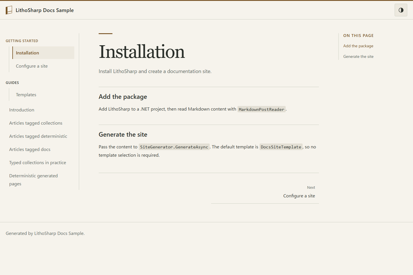 Docs sample with sidebar, article and table of contents