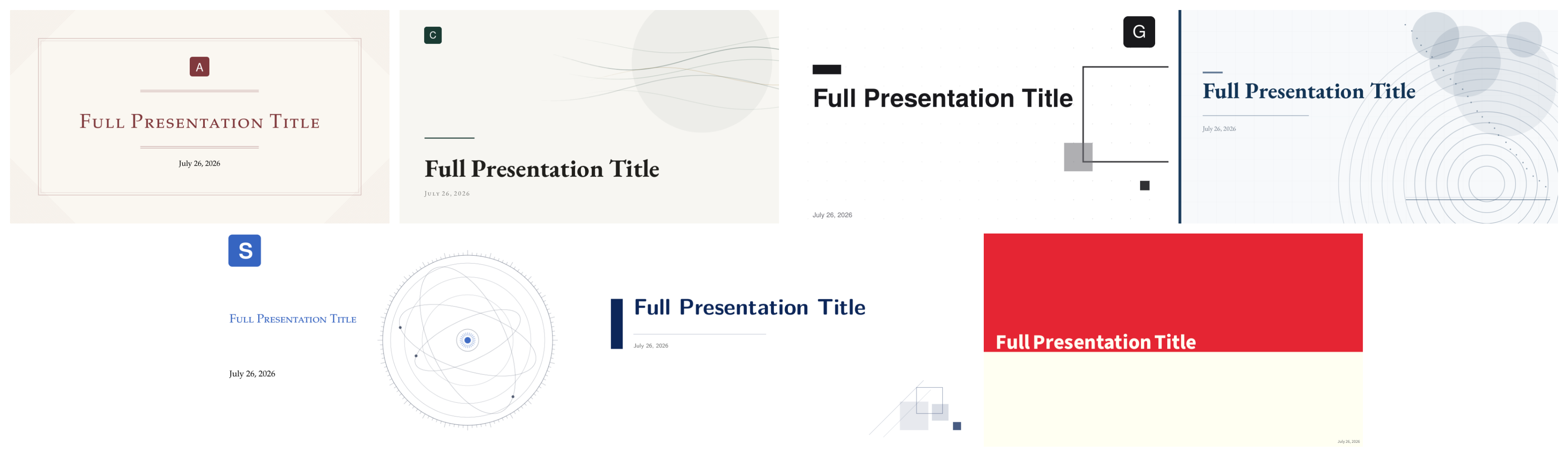Title pages of the seven bundled templates