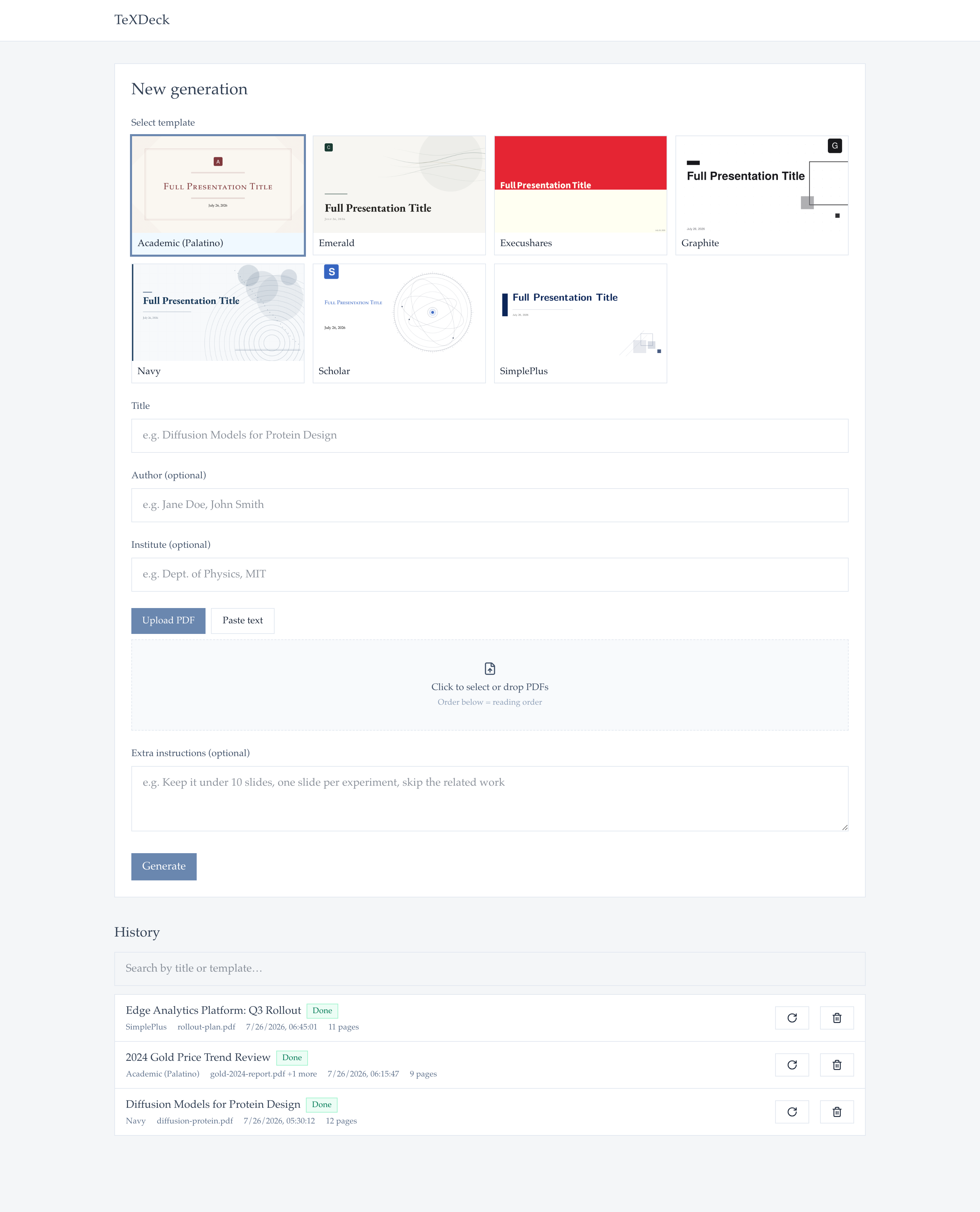 The TeXDeck web interface