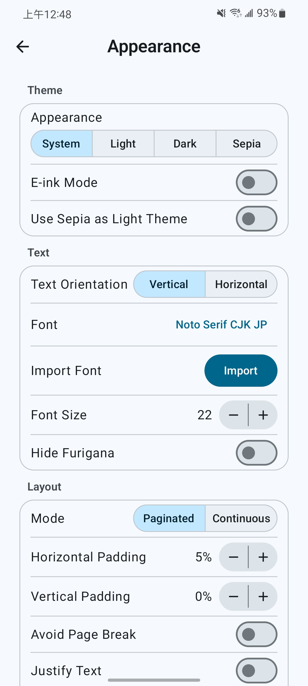 Reader appearance settings