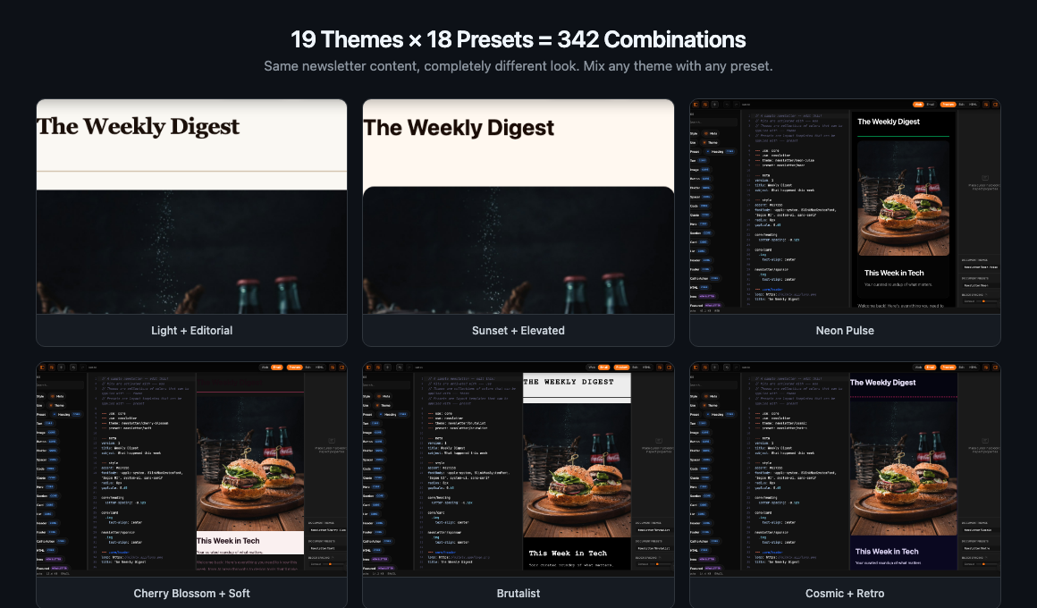 Theme grid showing all 19 newsletter themes