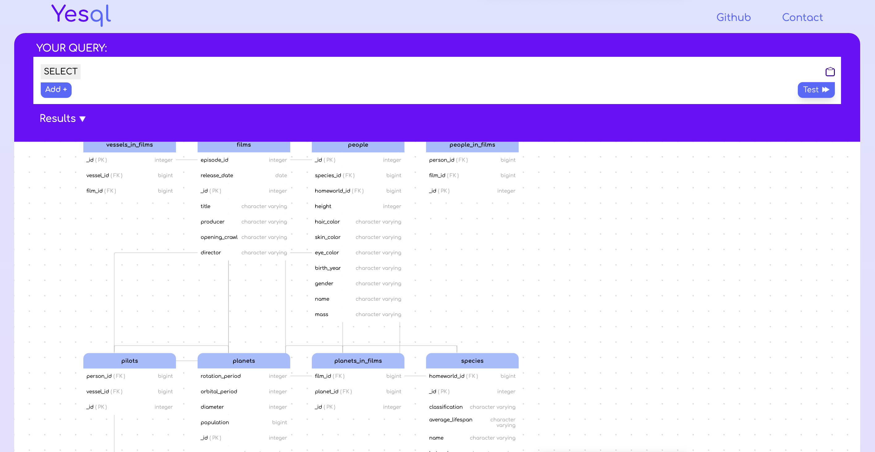 full screen of ERD and query builder