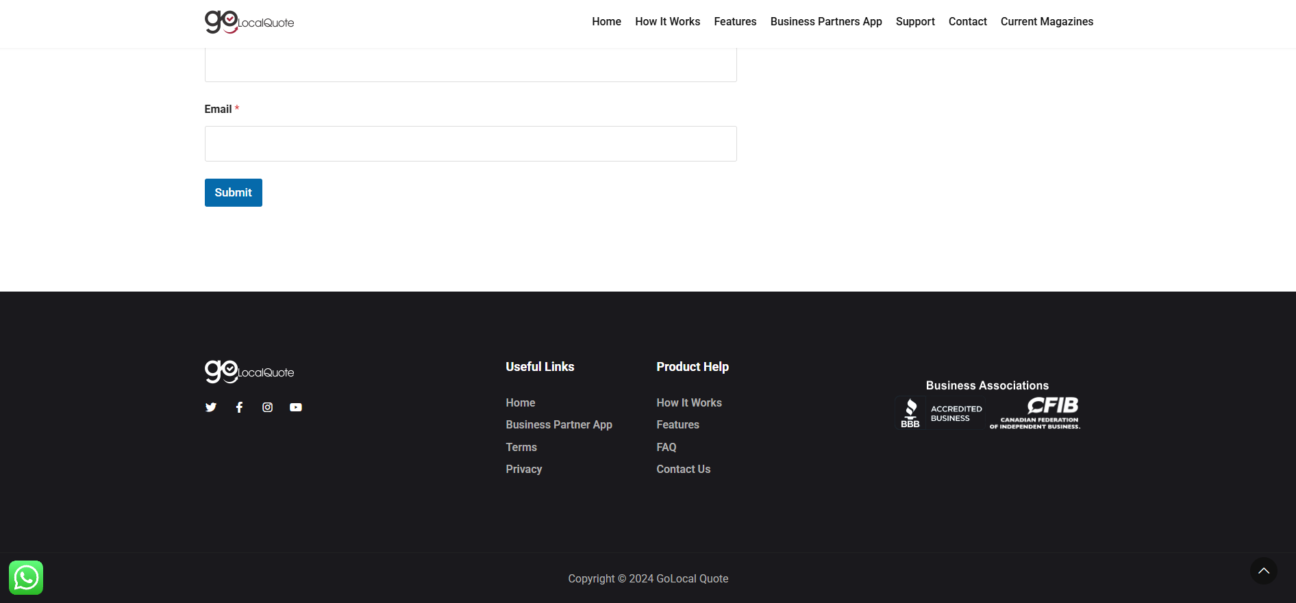 Footer + contact form (stale year, no message field)