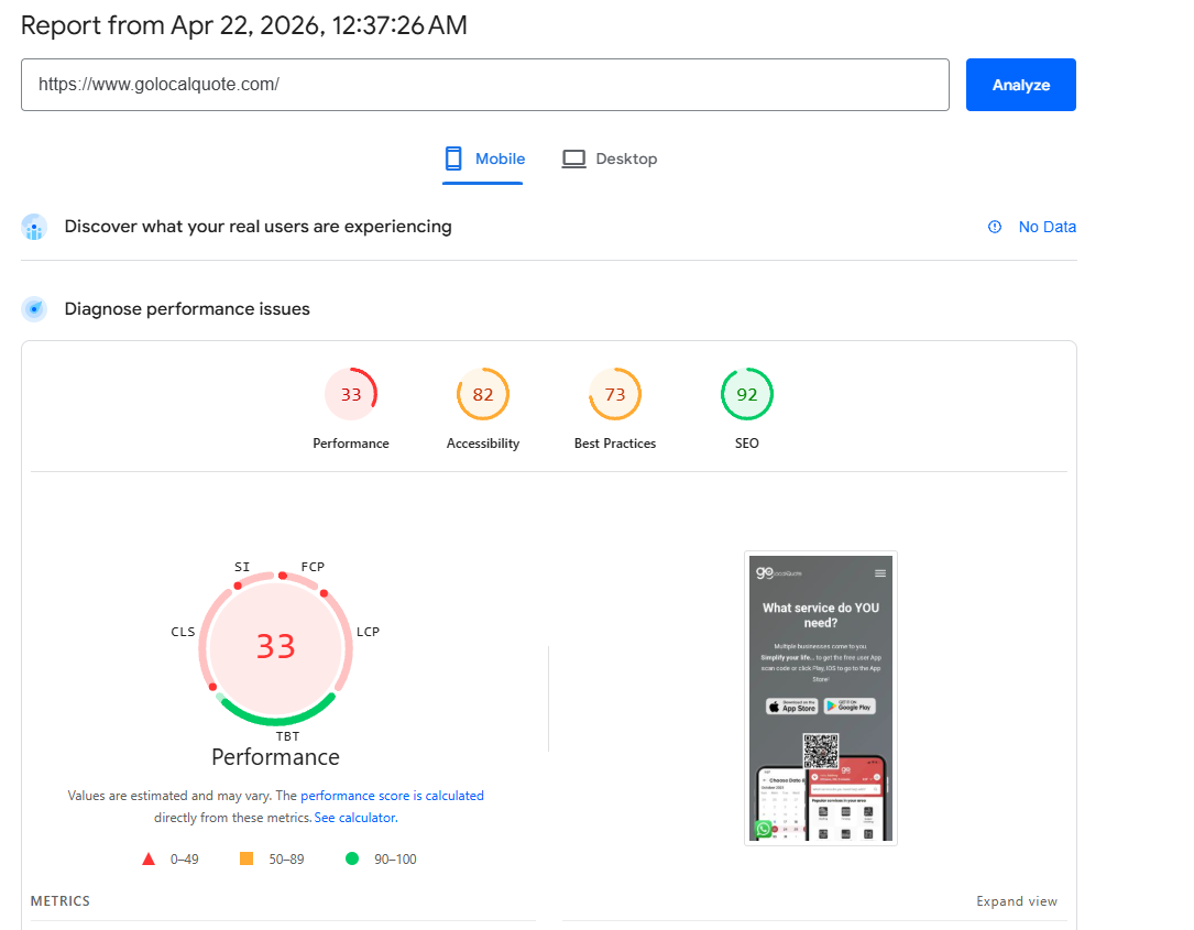 PageSpeed mobile — 33/100 (2026-04-22)