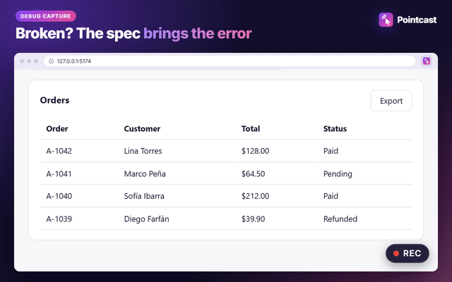 Alt+click a broken Export button: the spec lists the failed POST /api/export under it
