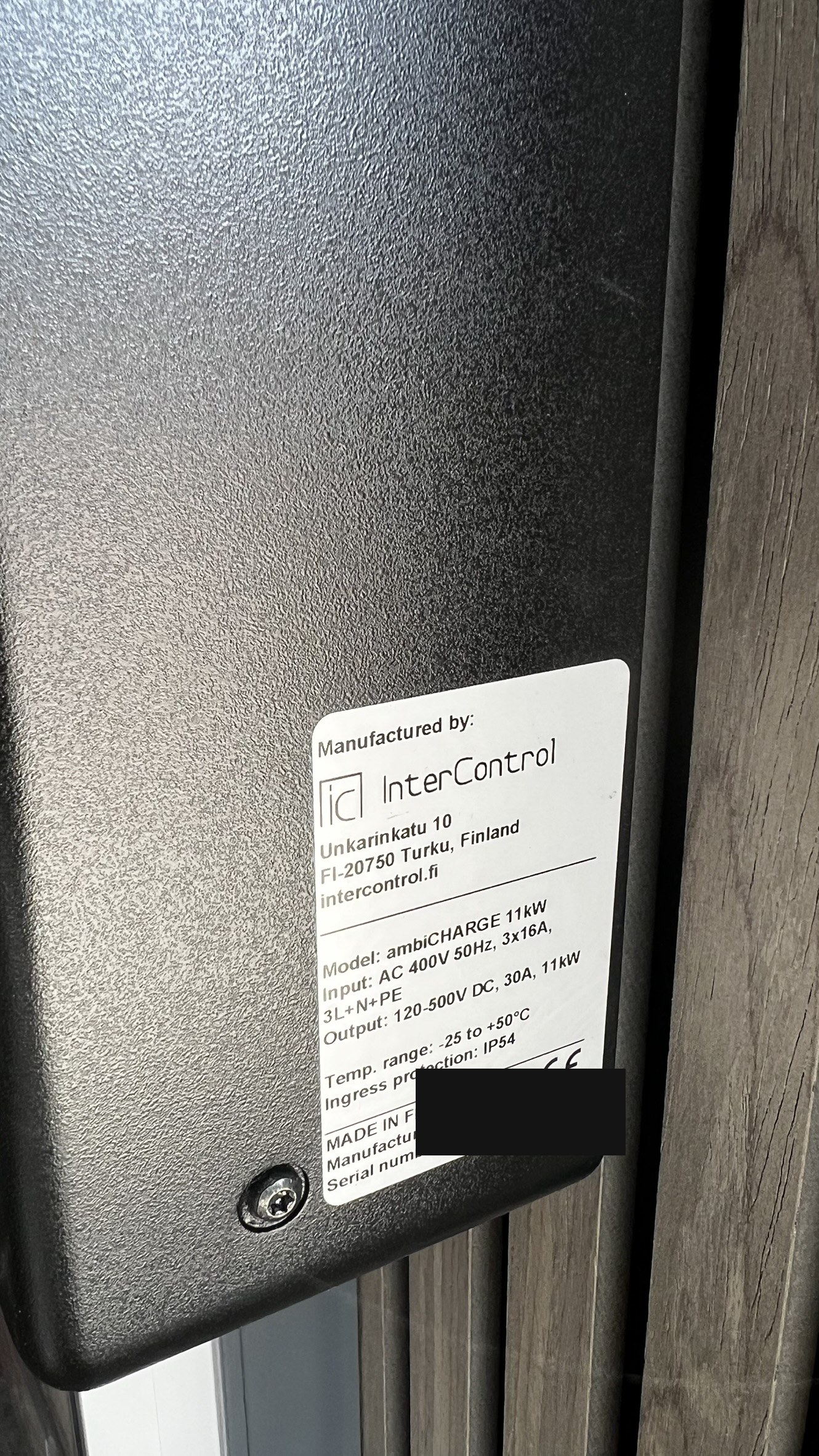 InterControl ambiCHARGE 11 kW label: AC 400V 50Hz 3x16A in, 120-500V DC 30A 11kW out