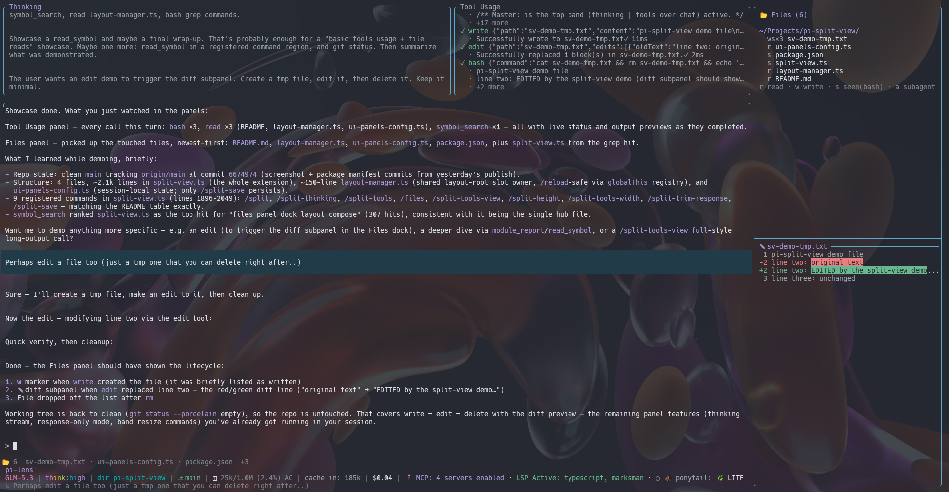 split-view: thinking/tool band, transcript, files dock with edit-diff subpanel
