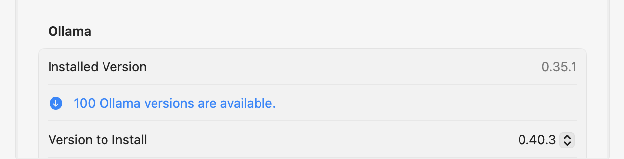 Ollama versions in Settings
