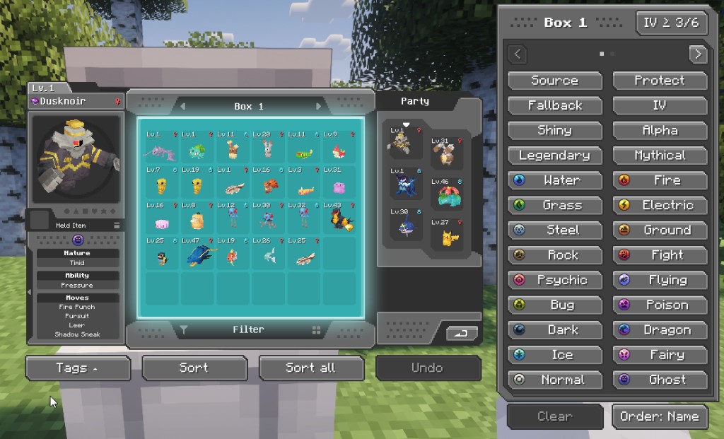 Cobblemon PC with the Sort+ toolbar and type tags