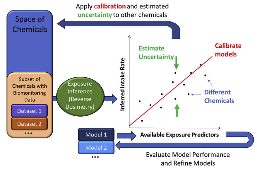 Systematic Empirical Evaluation of Models (SEEM) uses intake rates inferred from biomonitoring data to evaluate and calibrate exposure predictors across as many chemicals as possible. Exposure predictors include HTE models for predicting intake rates as well as presence on the chemicals on various lists (such as high production or banned). SEEM provides a quantitative estimate of uncertainty.