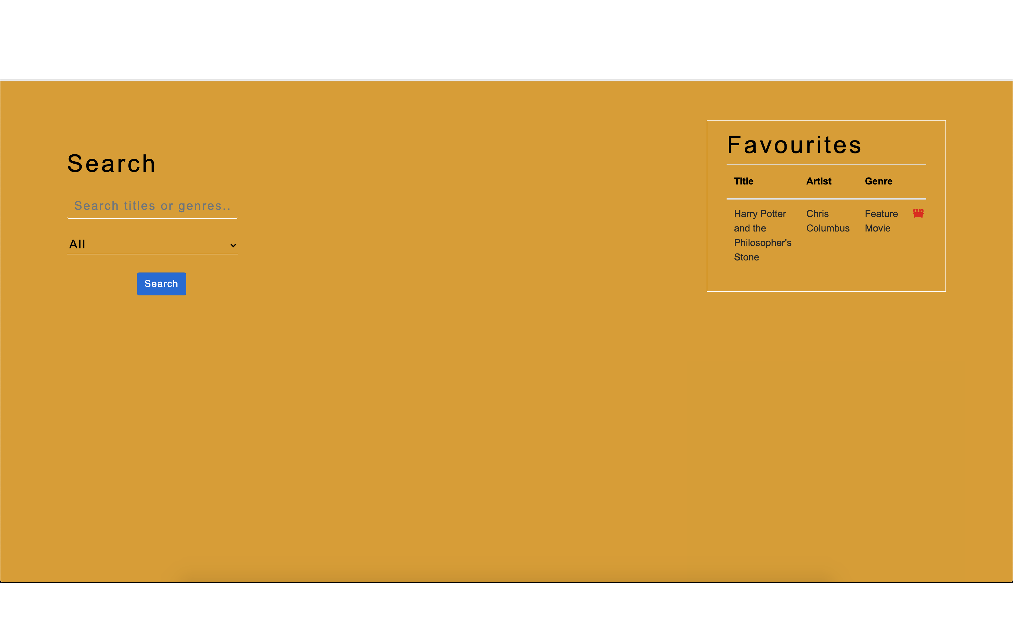 Media search interface with a favourites panel