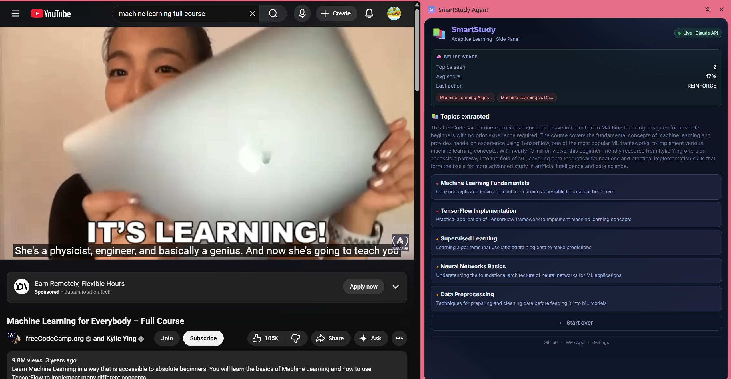 SmartStudy extension running on a YouTube ML course — side panel shows extracted topics and belief state