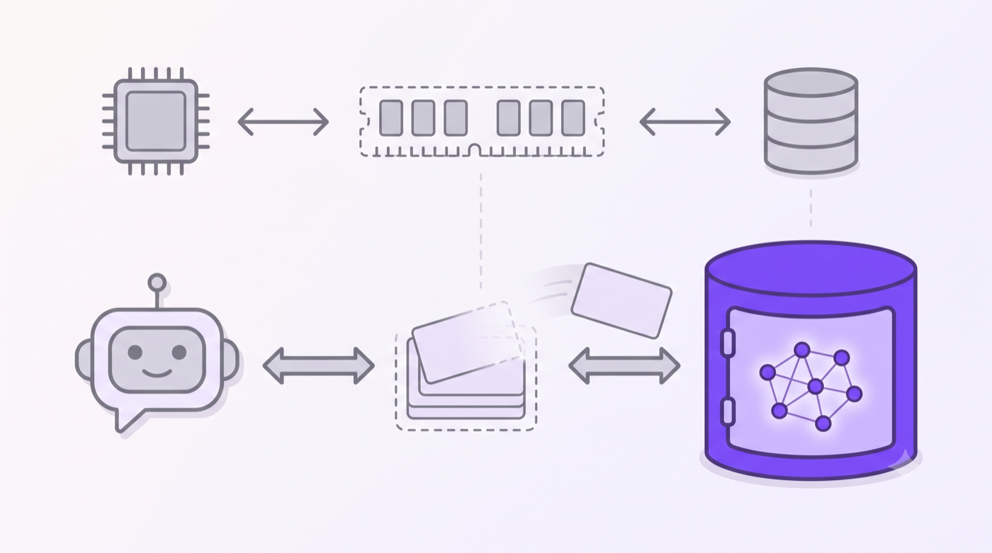 Memory-analogy diagram: a computer's CPU, RAM and disk on top; below, an AI agent, its fading context-window cards, and a violet vault holding a knowledge graph, with one note card flying into the vault