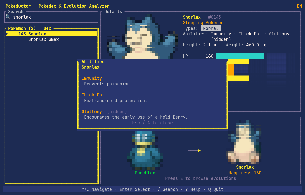 The abilities card for Snorlax, showing Immunity, Thick Fat and the hidden ability Gluttony with descriptions