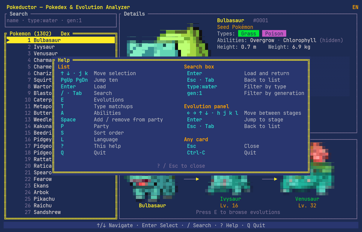 The help overlay listing all key bindings for the list, search box, evolution panel and cards