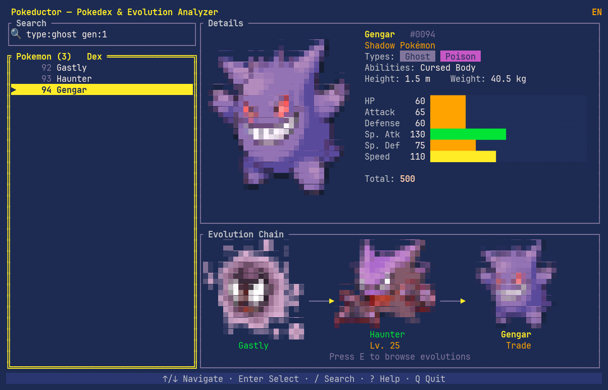 Searching for type:ghost gen:1, narrowing the list to Gastly, Haunter and Gengar