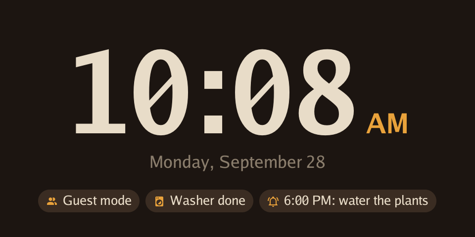 The clock with a glance strip of chips from Home Assistant along the foot