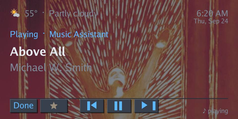 Now playing from Music Assistant, with the album's cover behind the song