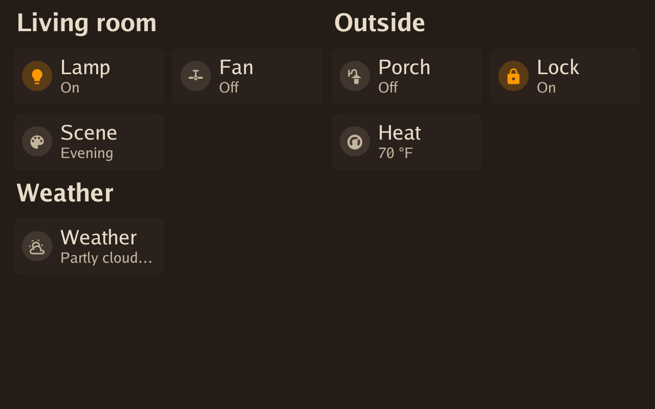 A dashboard drawn by the Echo Show 8 itself: tiles for a lamp, a fan, a scene, a porch light, a lock, the heat and the weather