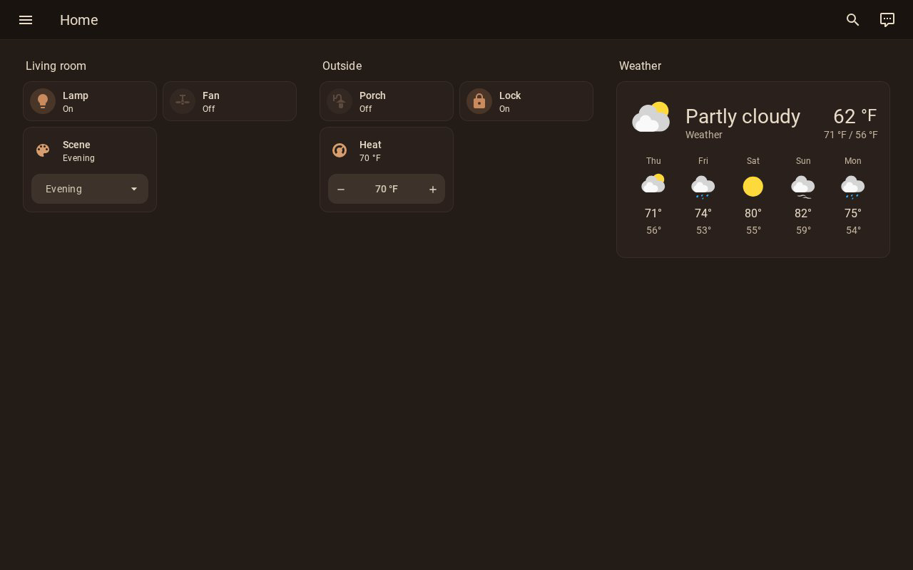 The same dashboard streamed to the Echo Show 8 exactly as Home Assistant draws it, with a five-day forecast