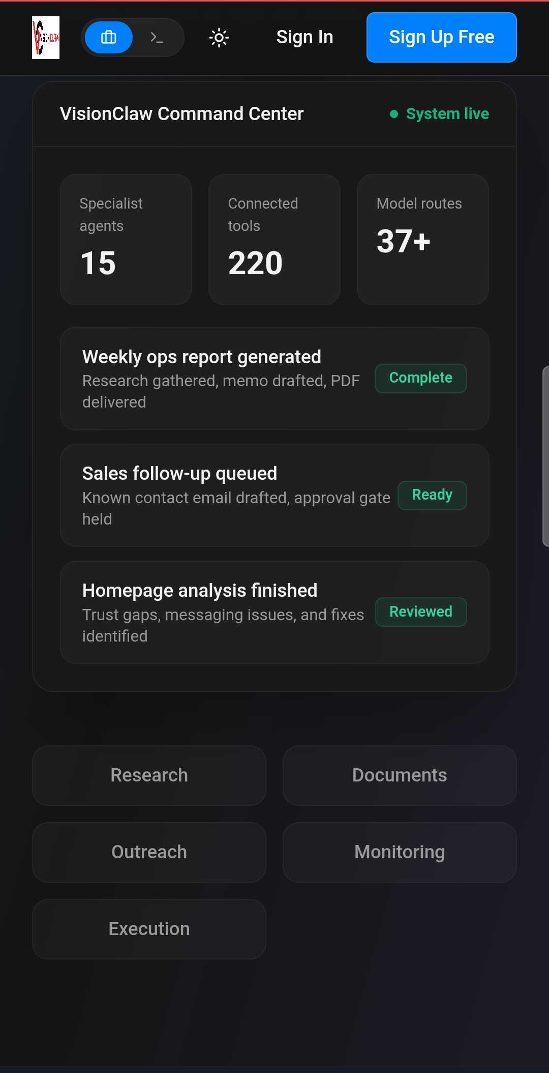 Command Center โ 16 agents, 226 tools, 37+ models, live workflows