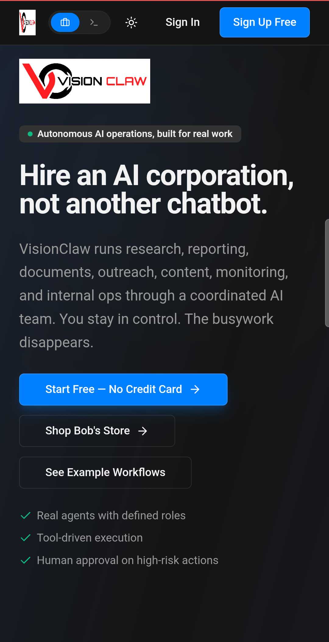 Landing hero โ Hire an AI corporation, not another chatbot