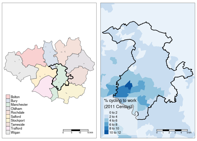 Maps of Greater Manchester (top) and the case study area (City of Manchester)