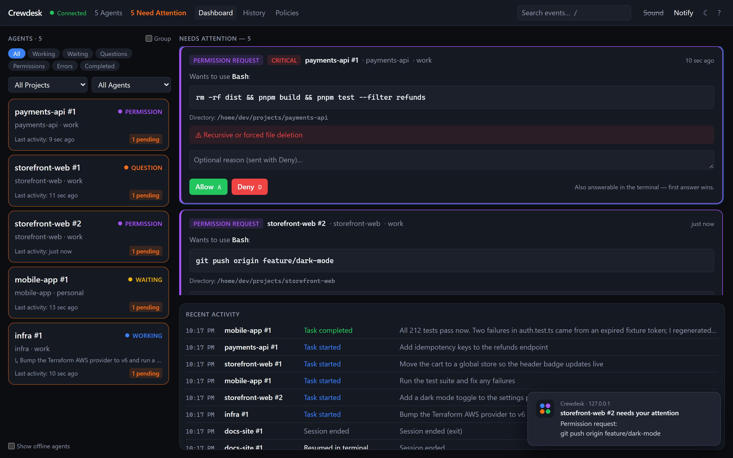 Desktop notification: storefront-web #2 needs your attention, permission request git push