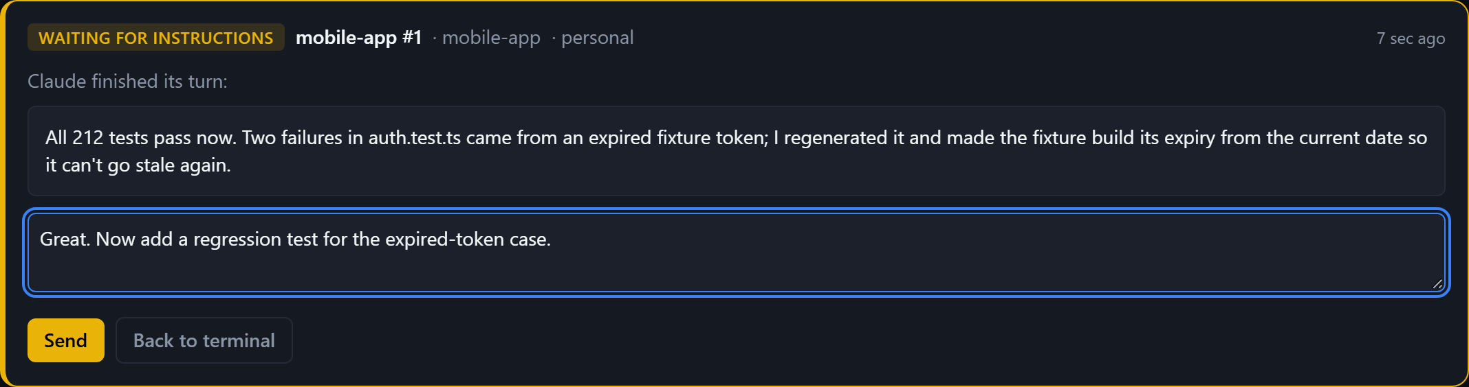 Waiting for instructions card with a follow-up prompt typed in