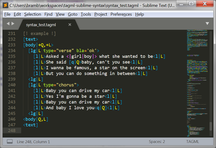 Screen grab from SublimeText using the MonokaiFreeTAGML theme