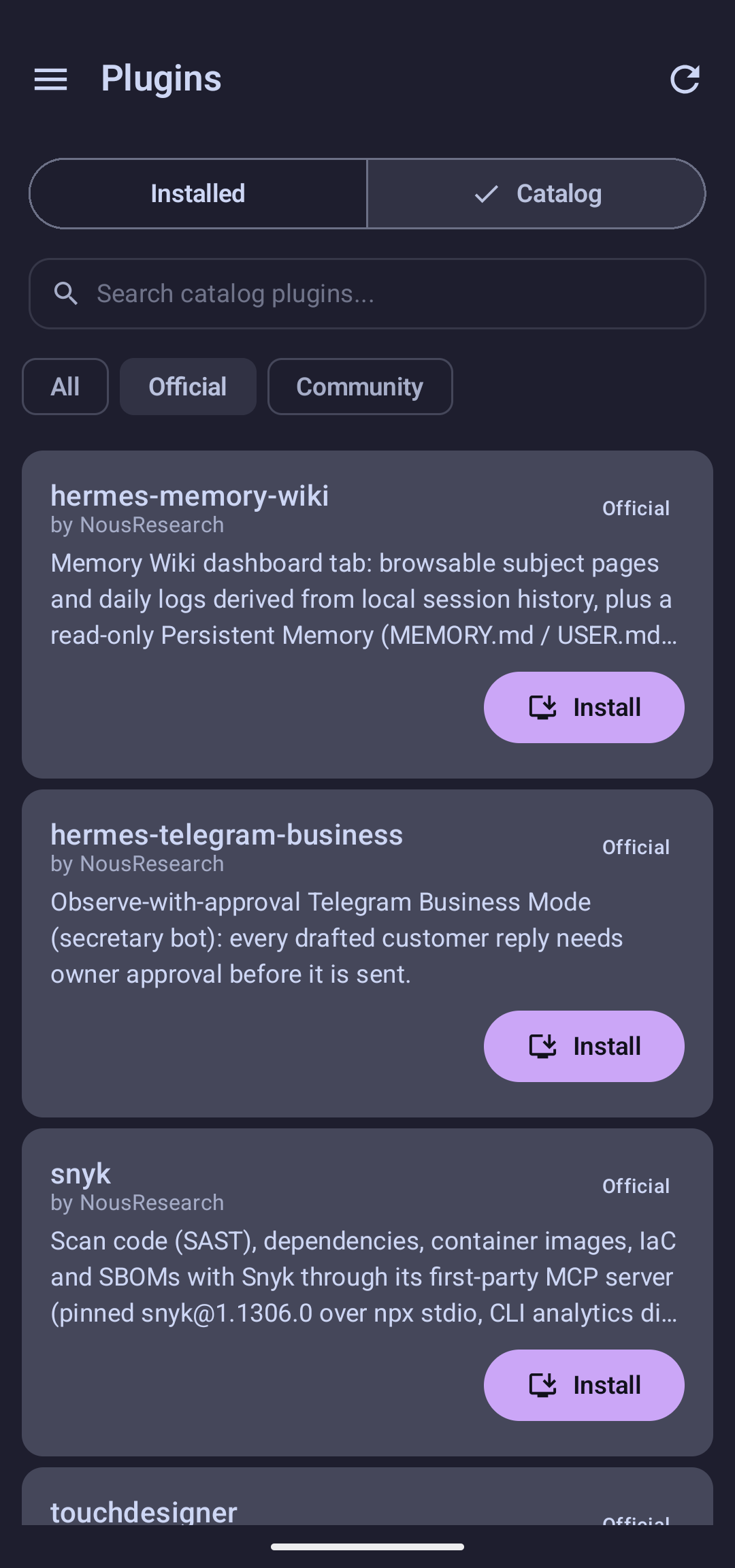 Hermes Mobile plugins screen