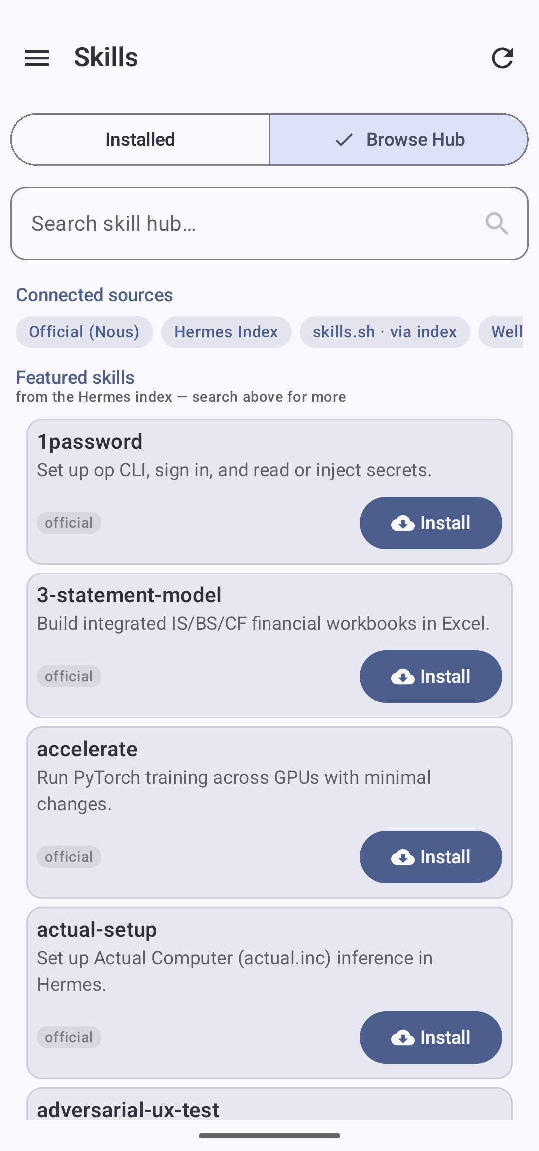 Hermes Mobile skills screen