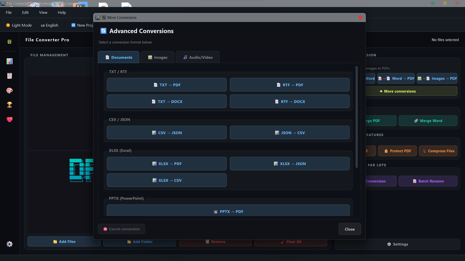 Format selection β document, image, audio, video tabs