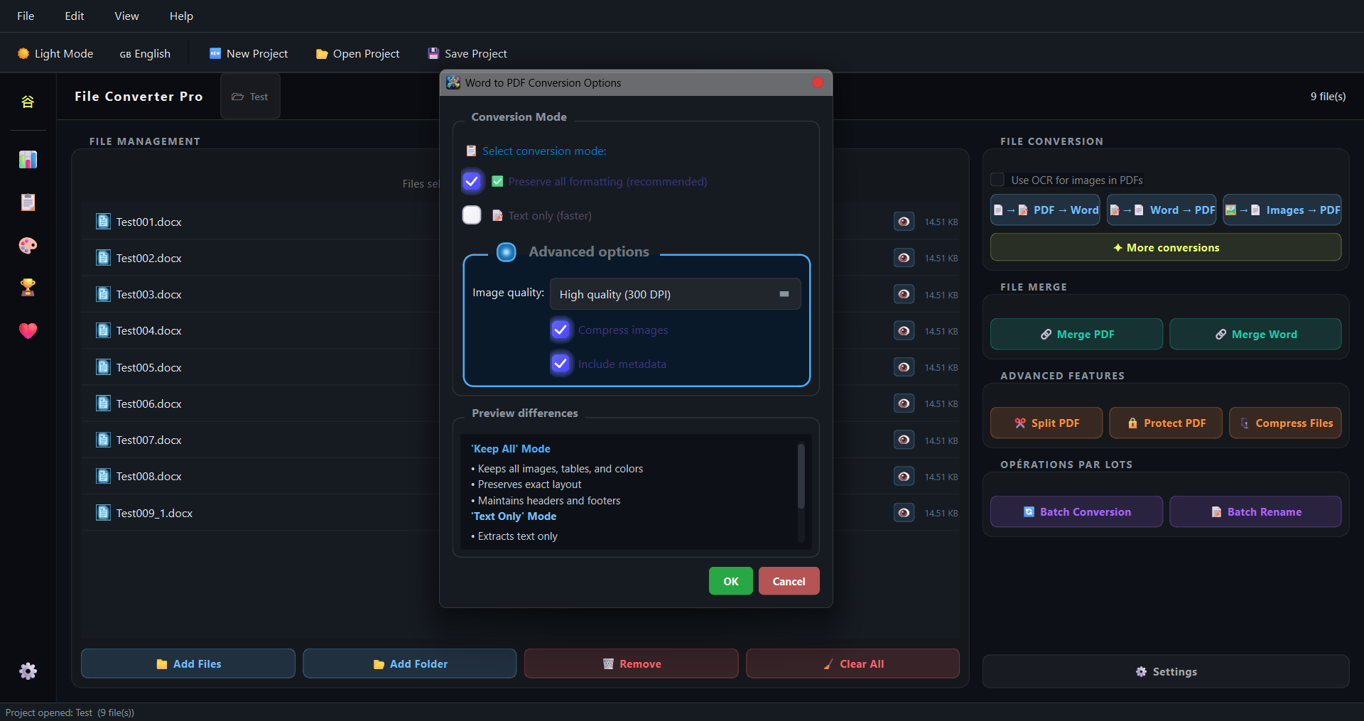 Main window — dark mode, file list, conversion options