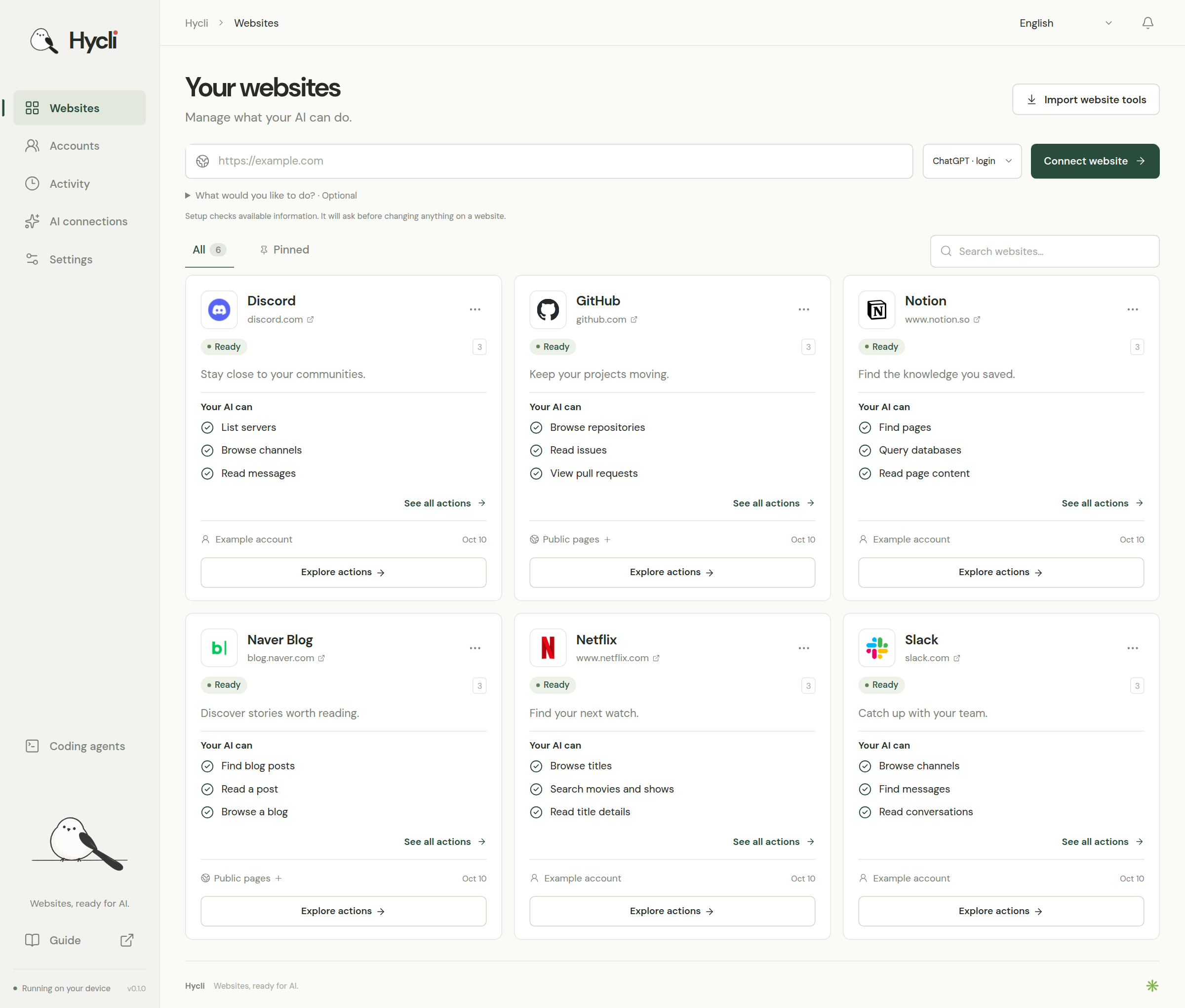Hycli example workspace with Discord, GitHub, Notion, Naver Blog, Netflix and Slack.