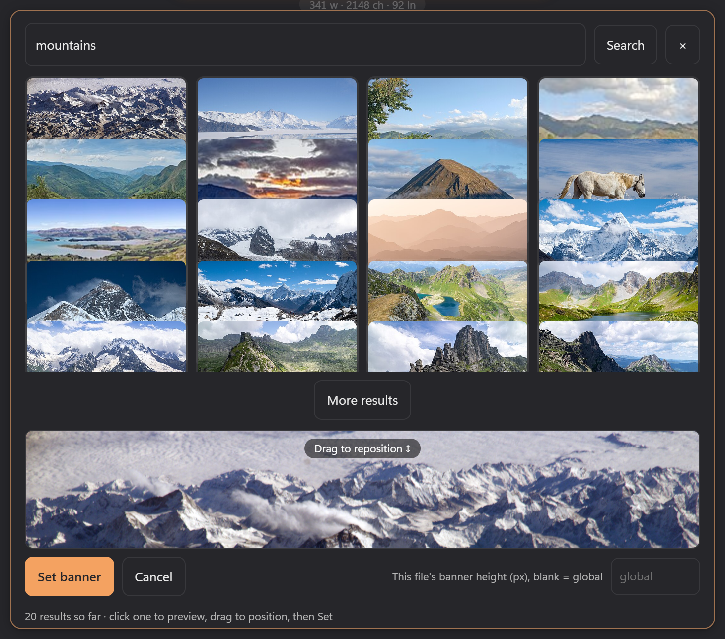 The banner image picker showing a search result selected and the position preview strip, with the drag-to-reposition hint and per-file height field below it