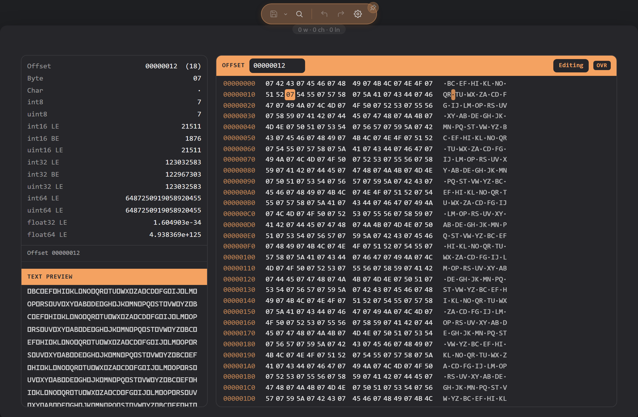 The inspector in editing mode: the Edit toggle lit, the OVR chip showing overwrite mode, and already-changed bytes highlighted in the hex pane