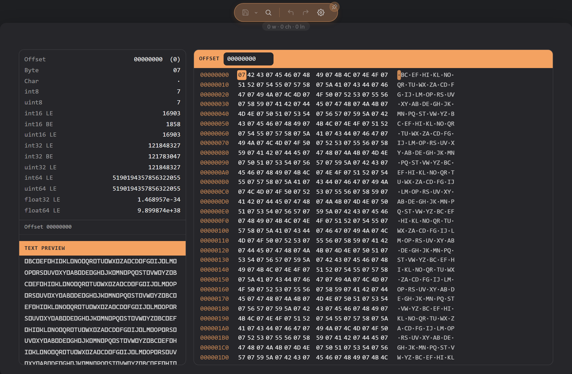 The binary inspector showing a data inspector panel on the left with type readings and a text preview, and the hex dump with byte offsets and ASCII column on the right