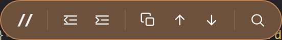 The code-editing toolbar: toggle comment, outdent, indent, duplicate line, move line up, move line down, and find
