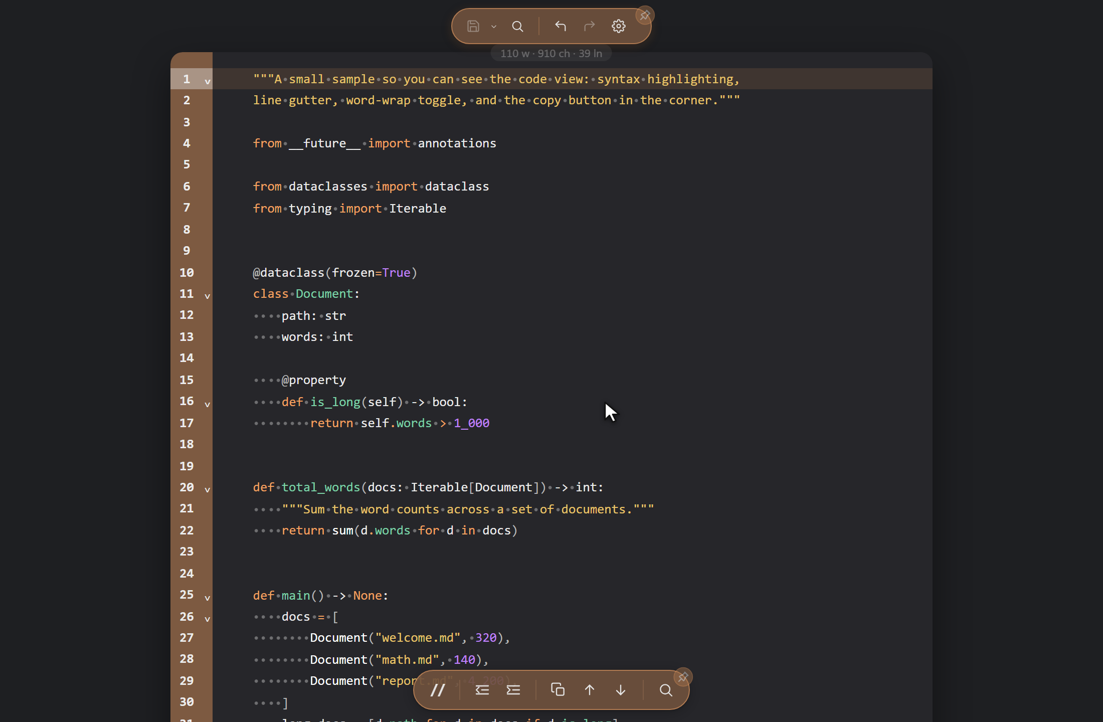 A Python file in Source view: syntax highlighting, a line-number gutter, and the code-editing toolbar along the bottom
