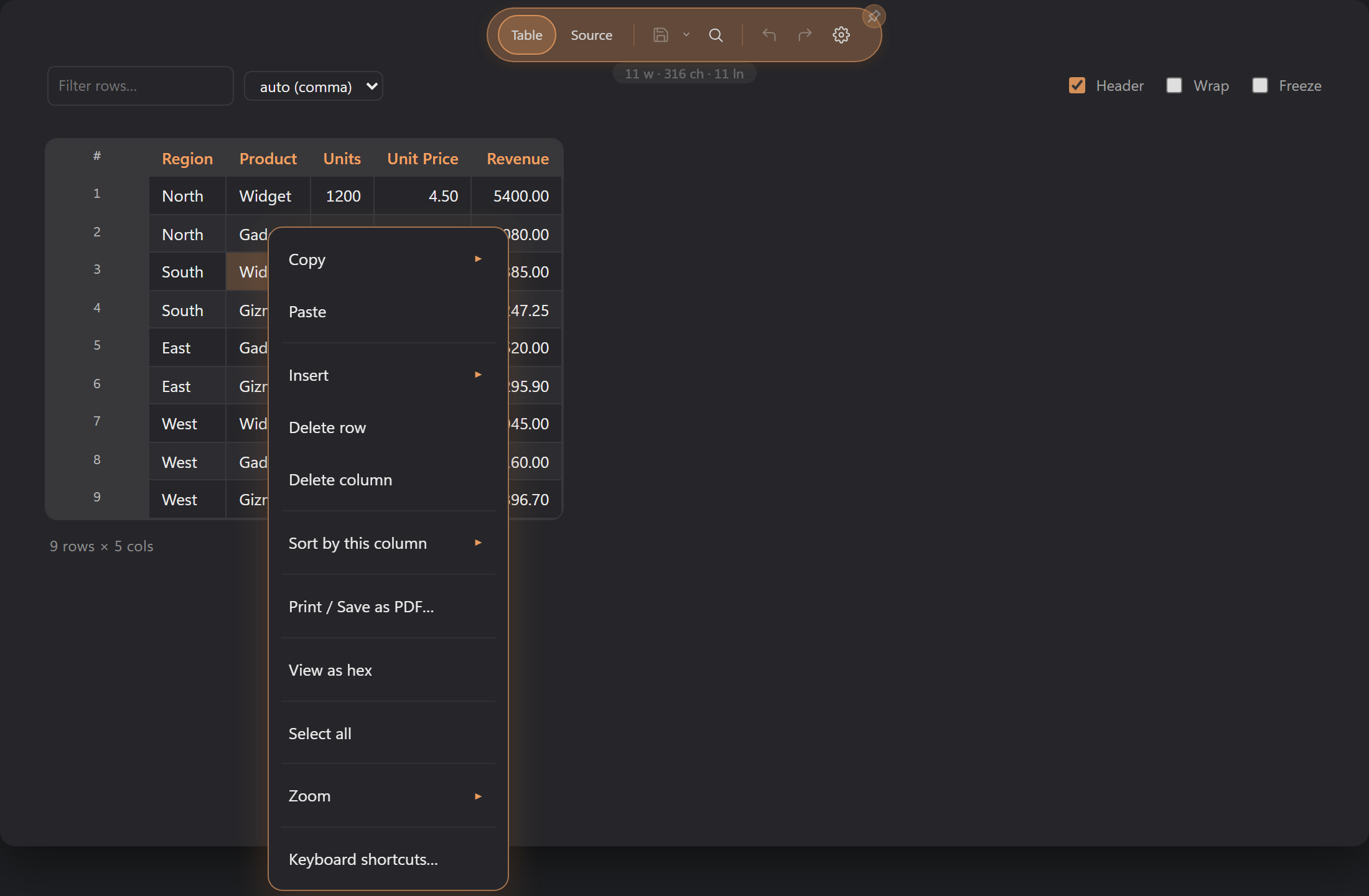 The right-click menu on a CSV cell, with the clicked cell selected and the grid actions listed