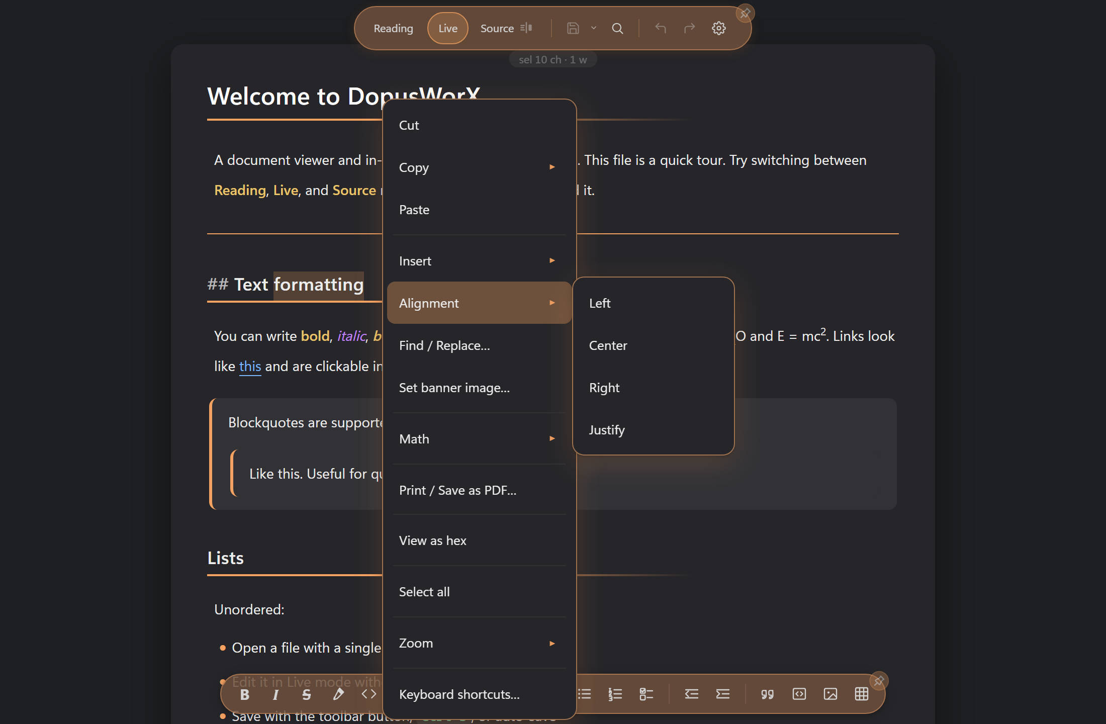 The right-click menu in Live mode with the Alignment submenu open, showing Cut, Paste, Insert and Find / Replace