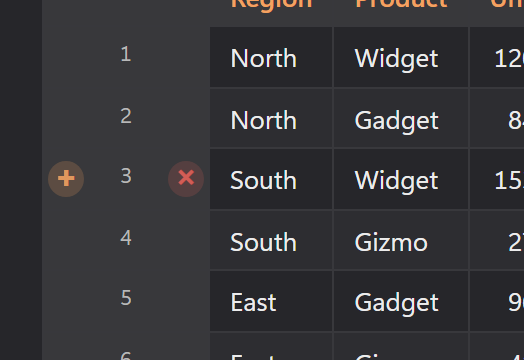 Hovering a row number reveals the + control to insert a row above and the ✕ control to delete the row
