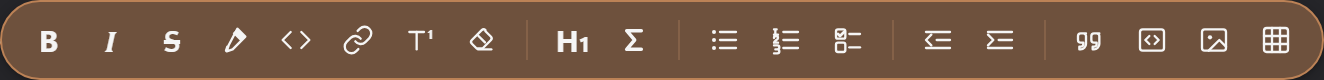 The formatting toolbar: bold, italic, strikethrough, highlight, inline code, link, footnote and clear-formatting, then the heading and maths buttons, the list buttons, indent, blockquote, code block, and image and table insert