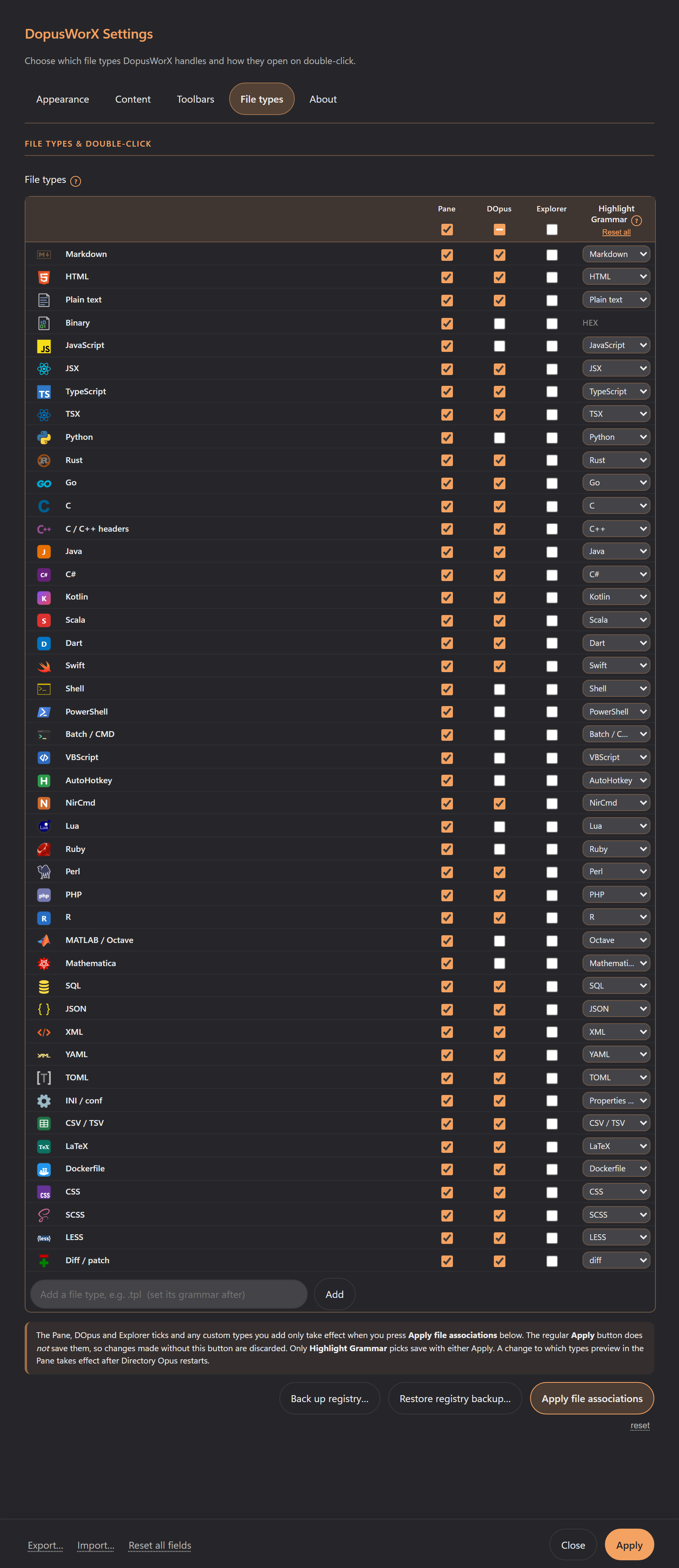 The File types panel: one row per type group with nested Pane, DOpus and Explorer tick columns, a Highlight Grammar dropdown per row, and the Apply file associations button below
