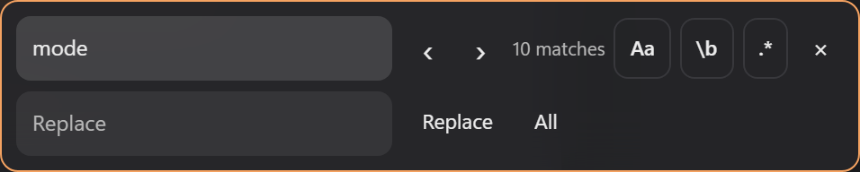 The find and replace panel: Find and Replace fields, a live match count, the case, whole-word and regex toggles, and the previous/next arrows