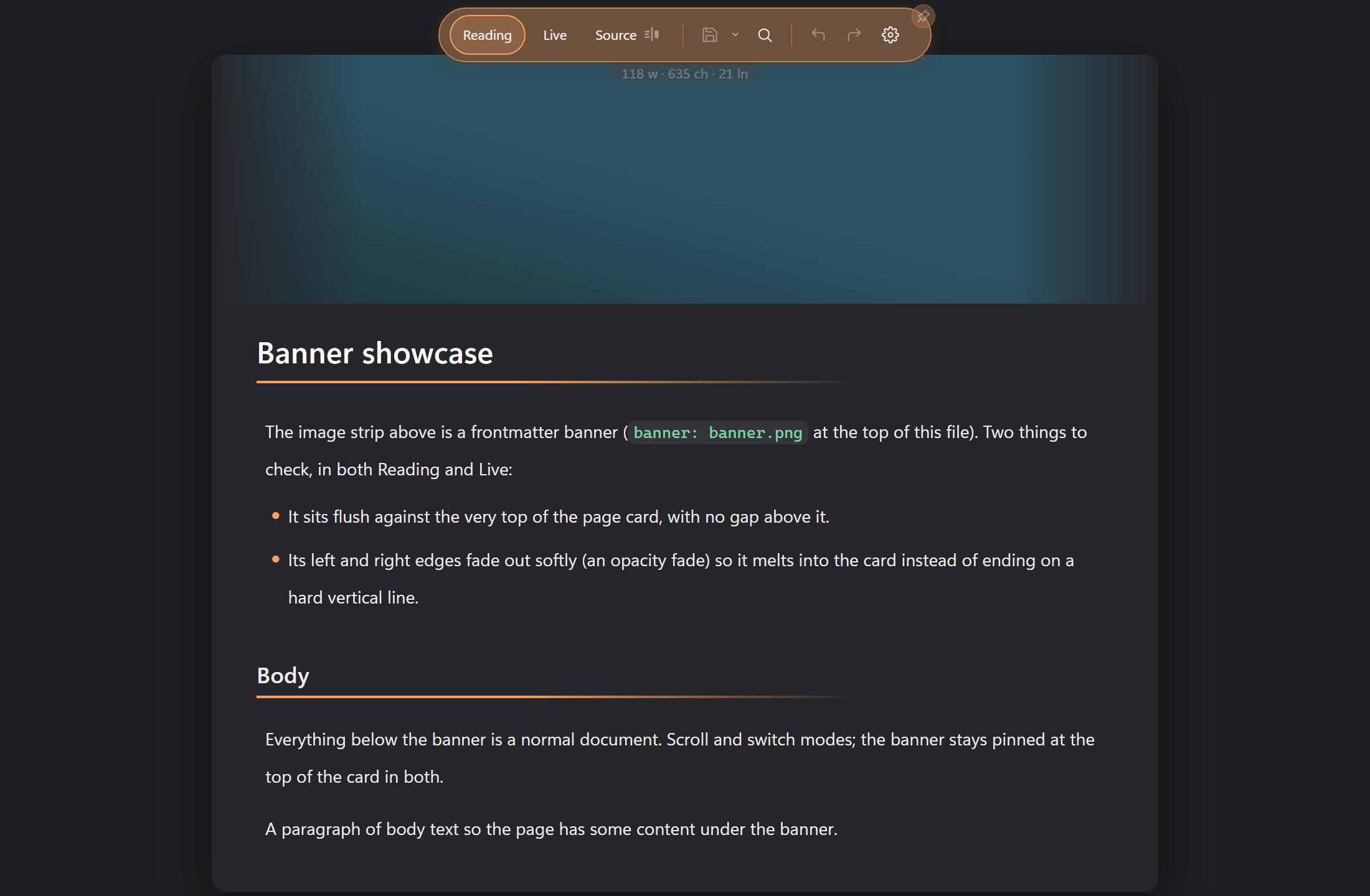 A Markdown file in Reading mode showing a banner image above the first heading, loaded from the path set in the YAML frontmatter block