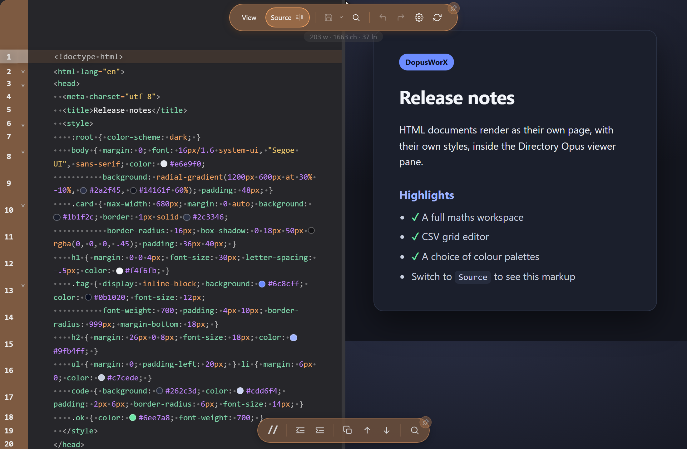 HTML View / Source split: the raw markup editor on the left and the rendered preview on the right, separated by a draggable divider