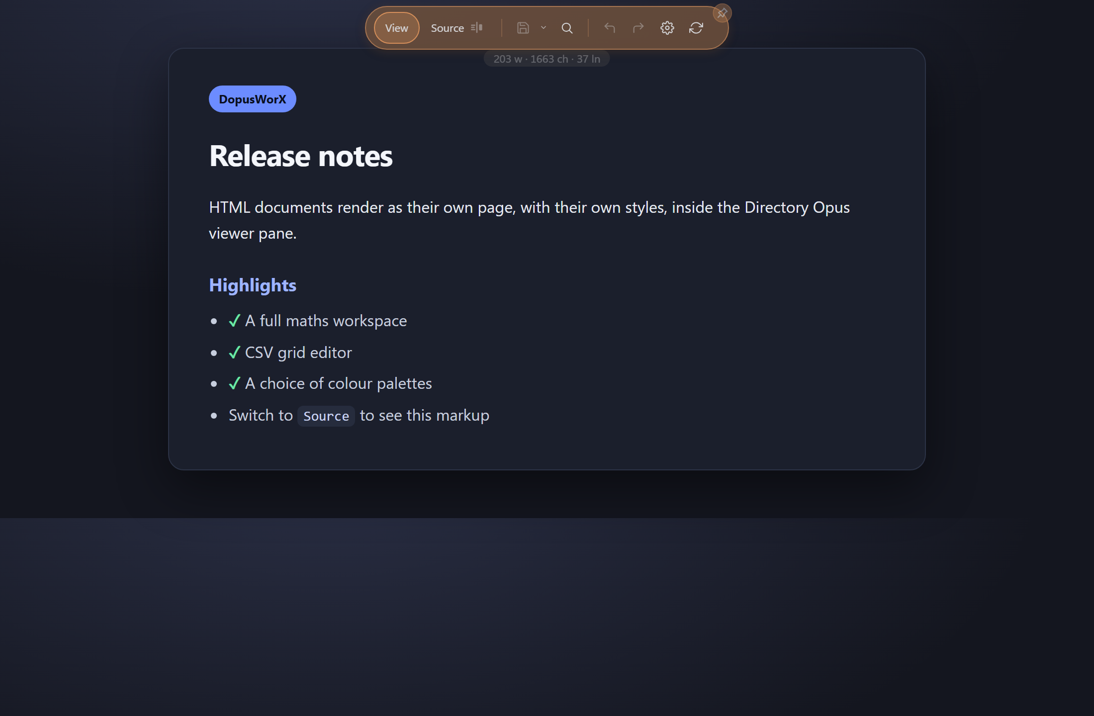 An HTML file rendered in View mode: the document displays as its own styled page inside the viewer pane, with full CSS and layout applied
