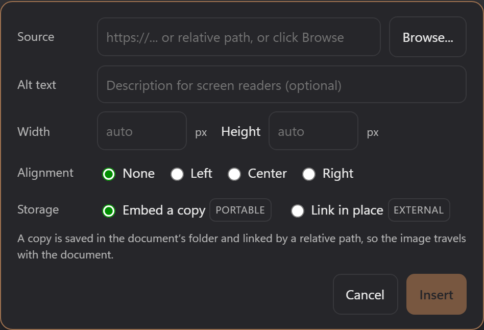 The Insert image popup: Source with a Browse button, Alt text, Width and Height, an Alignment row, and a Storage choice of Embed a copy or Link in place